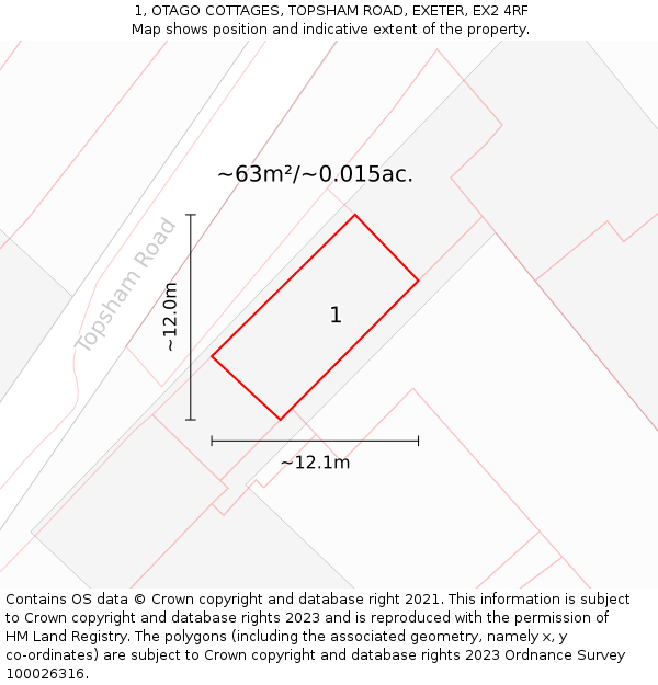 1, OTAGO COTTAGES, TOPSHAM ROAD, EXETER, EX2 4RF: Plot and title map