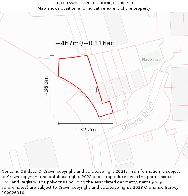 1, OTTAWA DRIVE, LIPHOOK, GU30 7TR: Plot and title map