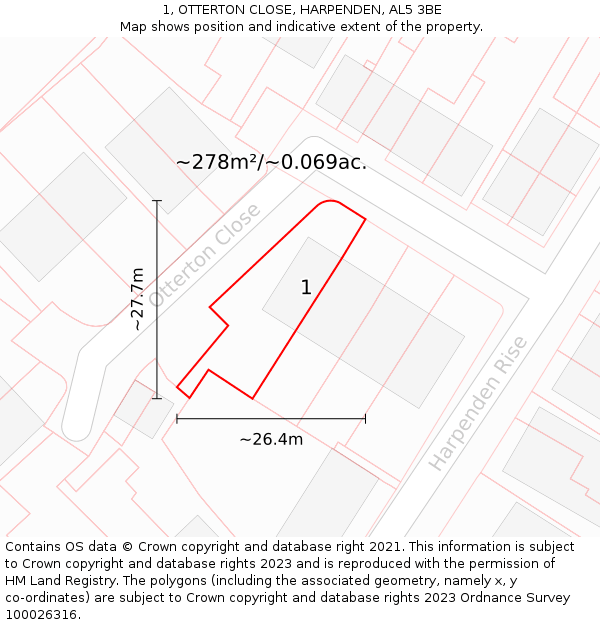 1, OTTERTON CLOSE, HARPENDEN, AL5 3BE: Plot and title map