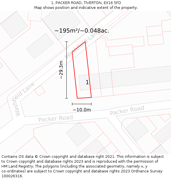 1, PACKER ROAD, TIVERTON, EX16 5FD: Plot and title map