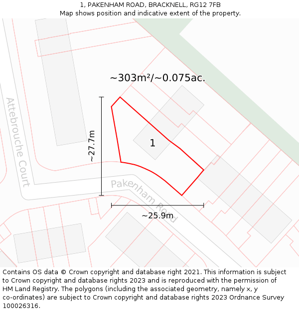 1, PAKENHAM ROAD, BRACKNELL, RG12 7FB: Plot and title map