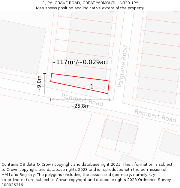 1, PALGRAVE ROAD, GREAT YARMOUTH, NR30 1PY: Plot and title map