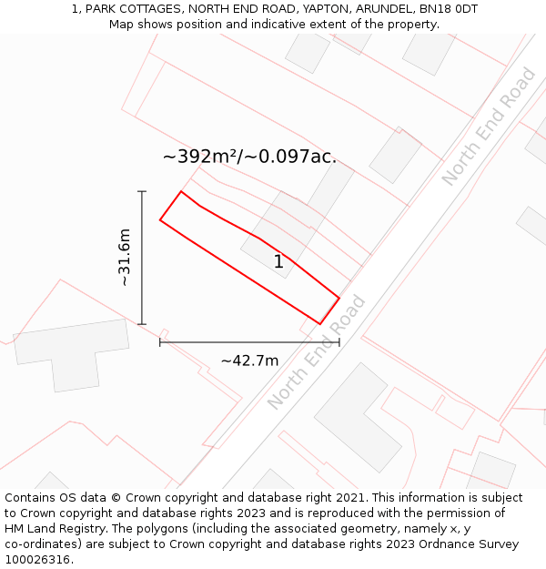 1, PARK COTTAGES, NORTH END ROAD, YAPTON, ARUNDEL, BN18 0DT: Plot and title map