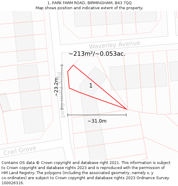 1, PARK FARM ROAD, BIRMINGHAM, B43 7QQ: Plot and title map