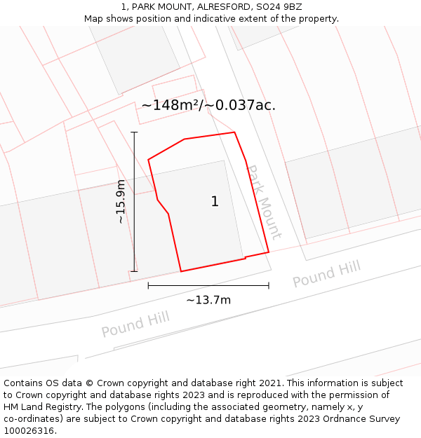 1, PARK MOUNT, ALRESFORD, SO24 9BZ: Plot and title map