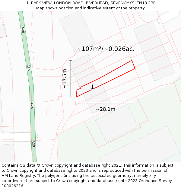 1, PARK VIEW, LONDON ROAD, RIVERHEAD, SEVENOAKS, TN13 2BP: Plot and title map