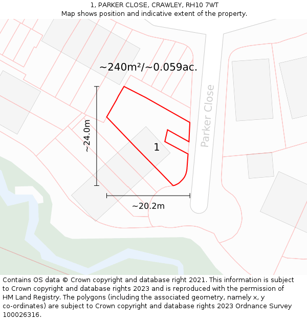 1, PARKER CLOSE, CRAWLEY, RH10 7WT: Plot and title map