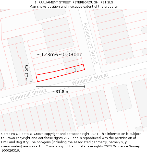 1, PARLIAMENT STREET, PETERBOROUGH, PE1 2LS: Plot and title map