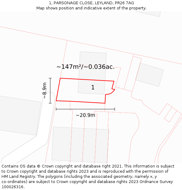 1, PARSONAGE CLOSE, LEYLAND, PR26 7AG: Plot and title map