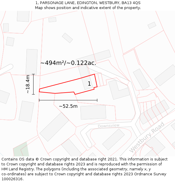 1, PARSONAGE LANE, EDINGTON, WESTBURY, BA13 4QS: Plot and title map