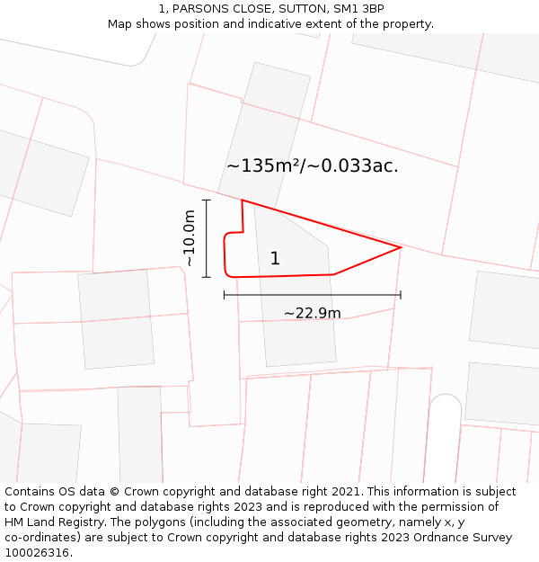 1, PARSONS CLOSE, SUTTON, SM1 3BP: Plot and title map
