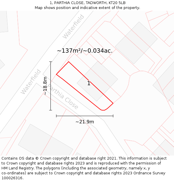 1, PARTHIA CLOSE, TADWORTH, KT20 5LB: Plot and title map