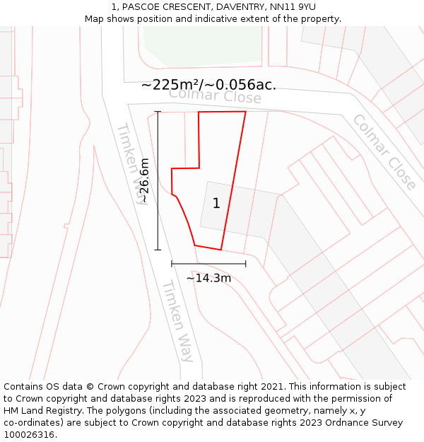 1, PASCOE CRESCENT, DAVENTRY, NN11 9YU: Plot and title map