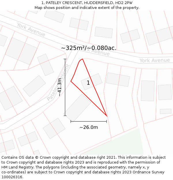 1, PATELEY CRESCENT, HUDDERSFIELD, HD2 2PW: Plot and title map