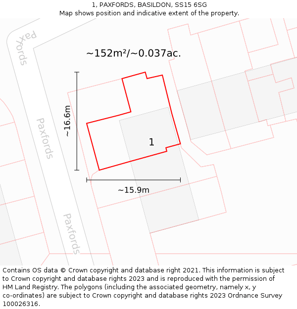 1, PAXFORDS, BASILDON, SS15 6SG: Plot and title map