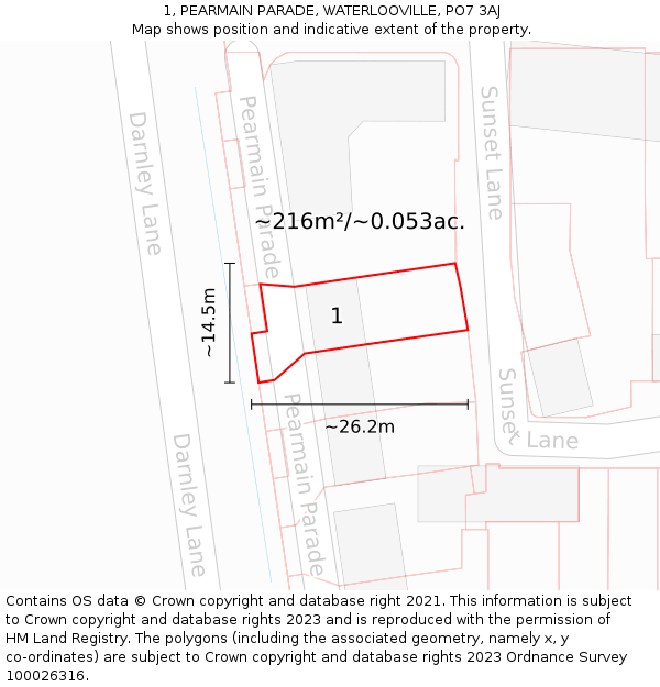 1, PEARMAIN PARADE, WATERLOOVILLE, PO7 3AJ: Plot and title map