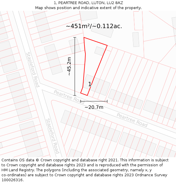 1, PEARTREE ROAD, LUTON, LU2 8AZ: Plot and title map
