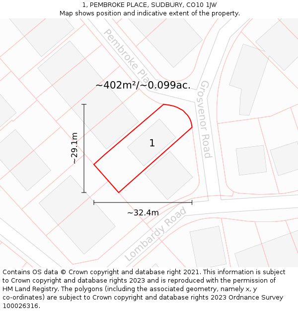 1, PEMBROKE PLACE, SUDBURY, CO10 1JW: Plot and title map