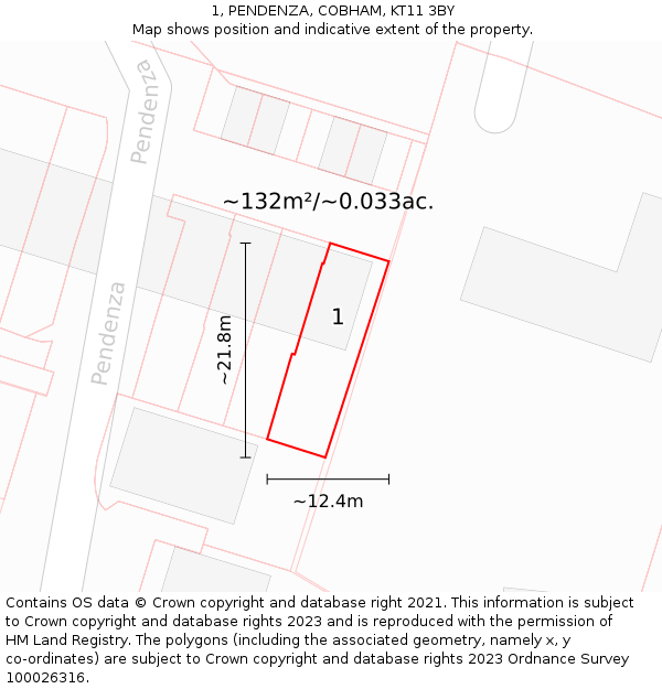 1, PENDENZA, COBHAM, KT11 3BY: Plot and title map