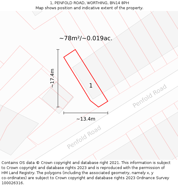 1, PENFOLD ROAD, WORTHING, BN14 8PH: Plot and title map