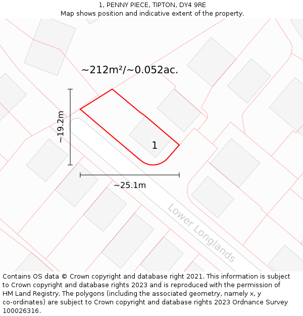 1, PENNY PIECE, TIPTON, DY4 9RE: Plot and title map