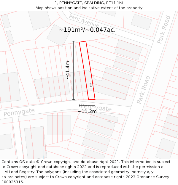 1, PENNYGATE, SPALDING, PE11 1NL: Plot and title map