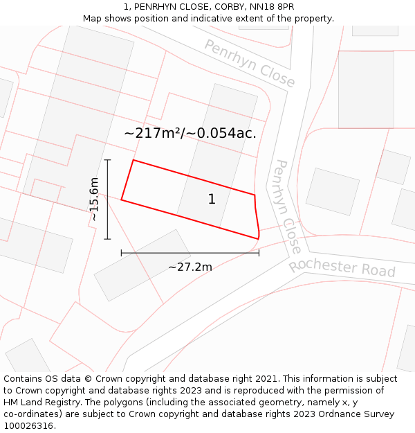 1, PENRHYN CLOSE, CORBY, NN18 8PR: Plot and title map