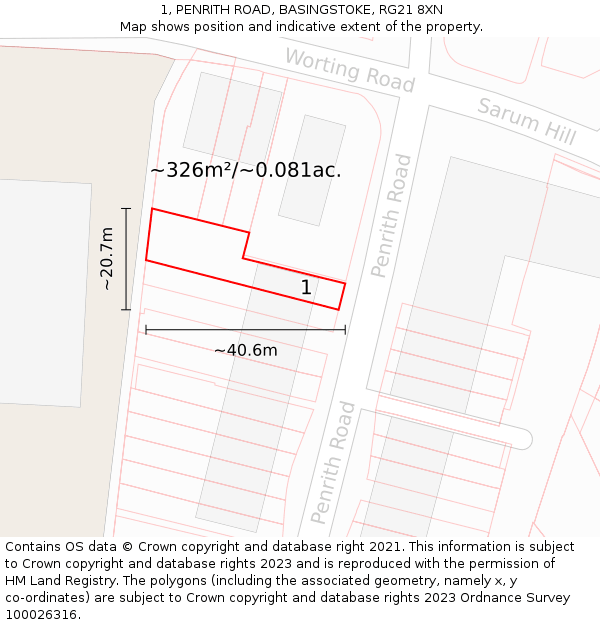 1, PENRITH ROAD, BASINGSTOKE, RG21 8XN: Plot and title map