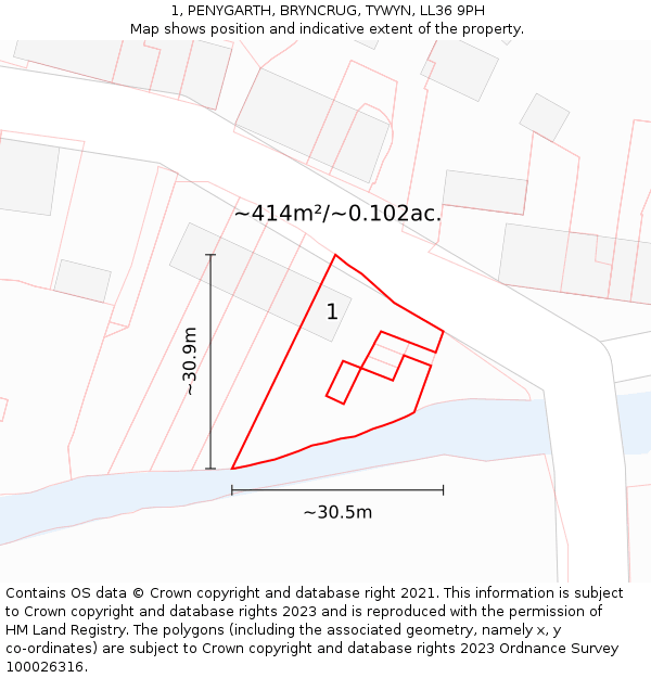 1, PENYGARTH, BRYNCRUG, TYWYN, LL36 9PH: Plot and title map