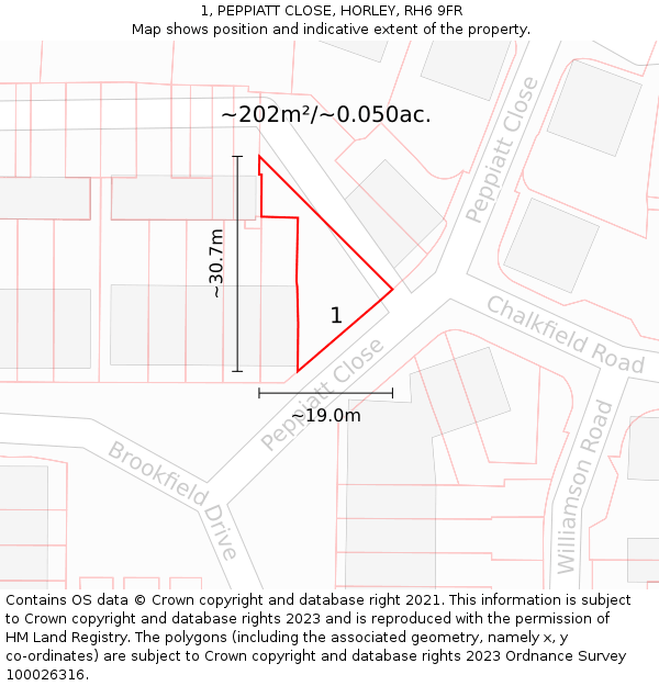 1, PEPPIATT CLOSE, HORLEY, RH6 9FR: Plot and title map