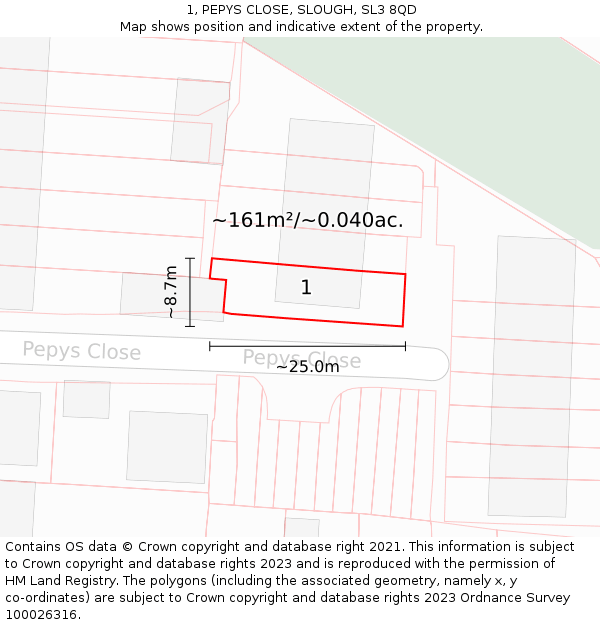 1, PEPYS CLOSE, SLOUGH, SL3 8QD: Plot and title map