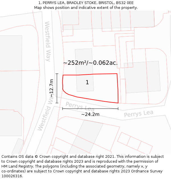 1, PERRYS LEA, BRADLEY STOKE, BRISTOL, BS32 0EE: Plot and title map