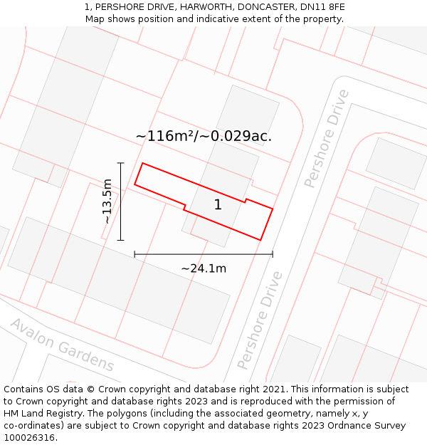1, PERSHORE DRIVE, HARWORTH, DONCASTER, DN11 8FE: Plot and title map