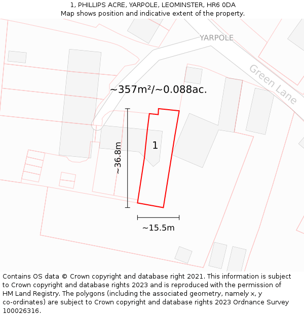 1, PHILLIPS ACRE, YARPOLE, LEOMINSTER, HR6 0DA: Plot and title map