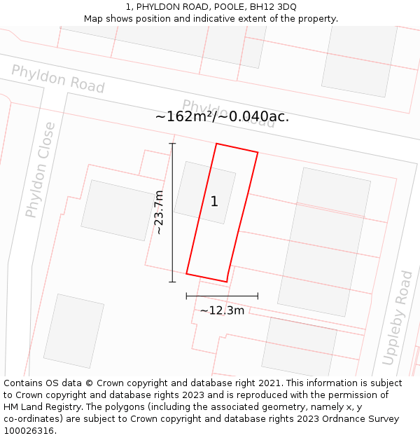 1, PHYLDON ROAD, POOLE, BH12 3DQ: Plot and title map