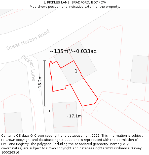 1, PICKLES LANE, BRADFORD, BD7 4DW: Plot and title map