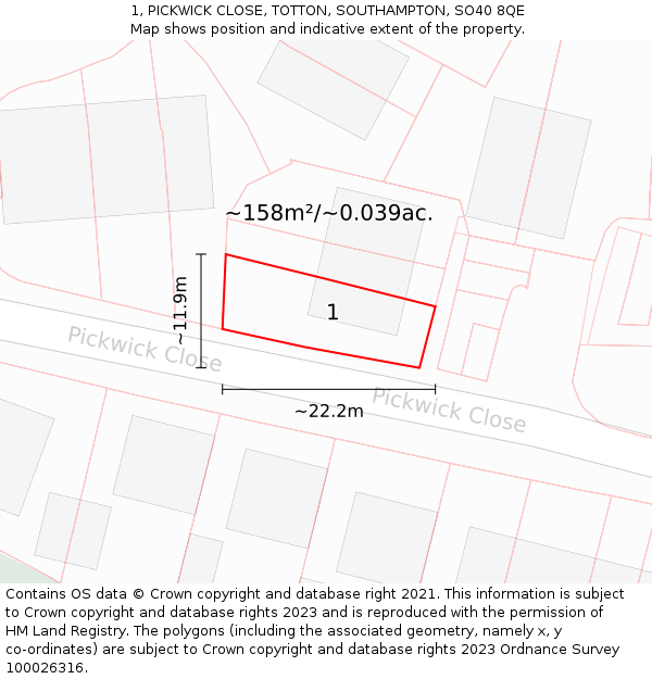 1, PICKWICK CLOSE, TOTTON, SOUTHAMPTON, SO40 8QE: Plot and title map