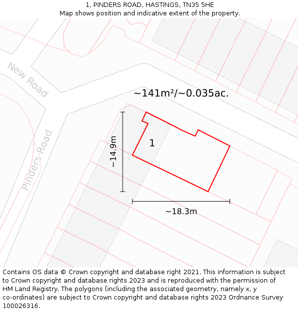 1, PINDERS ROAD, HASTINGS, TN35 5HE: Plot and title map