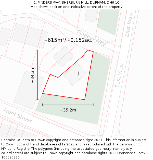 1, PINDERS WAY, SHERBURN HILL, DURHAM, DH6 1QJ: Plot and title map