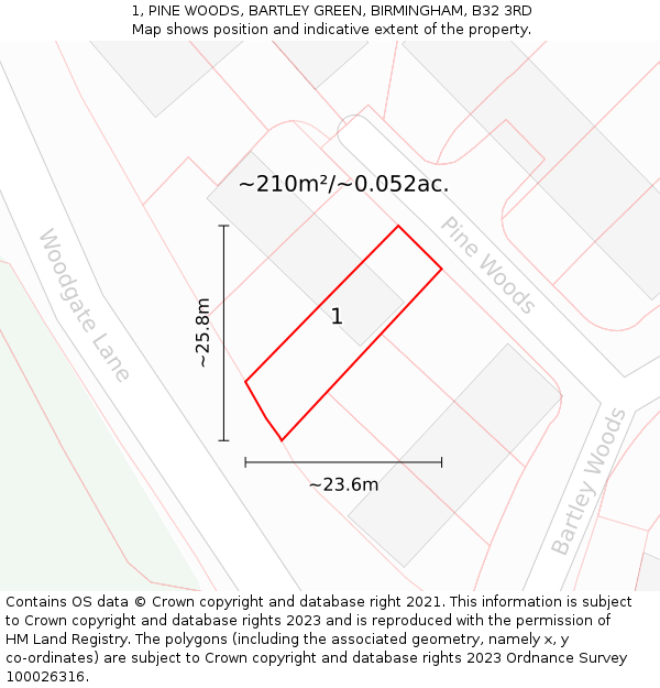1, PINE WOODS, BARTLEY GREEN, BIRMINGHAM, B32 3RD: Plot and title map