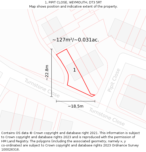 1, PIPIT CLOSE, WEYMOUTH, DT3 5RT: Plot and title map