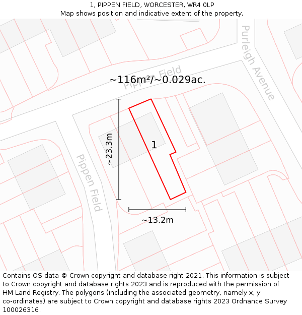 1, PIPPEN FIELD, WORCESTER, WR4 0LP: Plot and title map