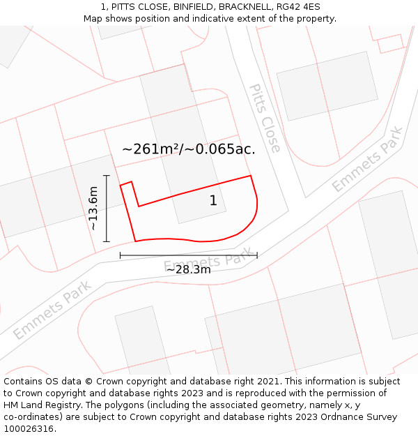1, PITTS CLOSE, BINFIELD, BRACKNELL, RG42 4ES: Plot and title map