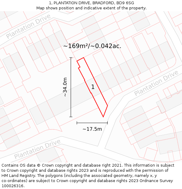 1, PLANTATION DRIVE, BRADFORD, BD9 6SG: Plot and title map
