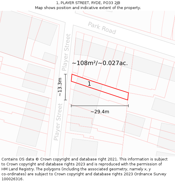 1, PLAYER STREET, RYDE, PO33 2JB: Plot and title map