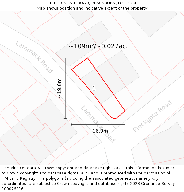 1, PLECKGATE ROAD, BLACKBURN, BB1 8NN: Plot and title map