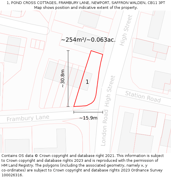 1, POND CROSS COTTAGES, FRAMBURY LANE, NEWPORT, SAFFRON WALDEN, CB11 3PT: Plot and title map