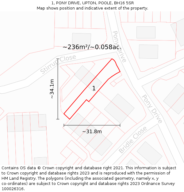 1, PONY DRIVE, UPTON, POOLE, BH16 5SR: Plot and title map