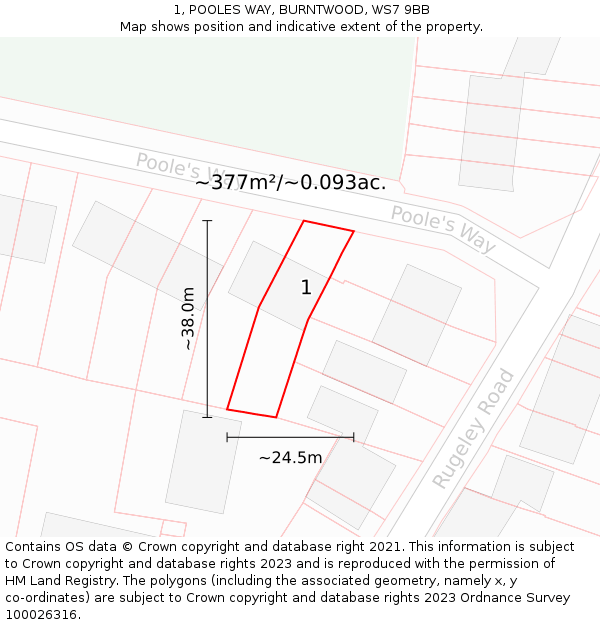 1, POOLES WAY, BURNTWOOD, WS7 9BB: Plot and title map
