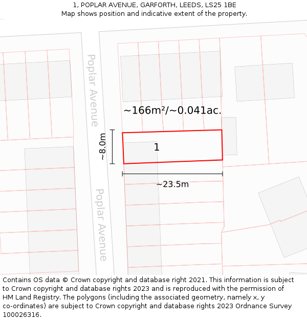 1, POPLAR AVENUE, GARFORTH, LEEDS, LS25 1BE: Plot and title map